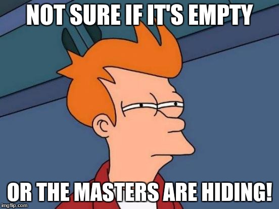 Futurama Fry | NOT SURE IF IT'S EMPTY; OR THE MASTERS ARE HIDING! | image tagged in memes,futurama fry | made w/ Imgflip meme maker