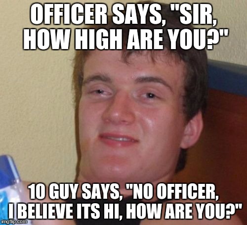 10 Guy | OFFICER SAYS, "SIR, HOW HIGH ARE YOU?"; 10 GUY SAYS, "NO OFFICER, I BELIEVE ITS HI, HOW ARE YOU?" | image tagged in memes,10 guy | made w/ Imgflip meme maker