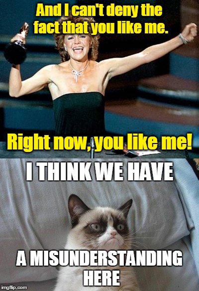 Grumpy Cat vs. Sally Field | And I can't deny the fact that you like me. Right now, you like me! I THINK WE HAVE; A MISUNDERSTANDING HERE | image tagged in memes,grumpy cat,sally field,oscar acceptance speech,places in the heart,expectation vs reality | made w/ Imgflip meme maker
