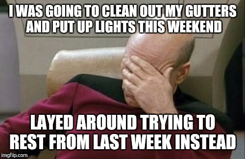 Captain Picard Facepalm Meme | I WAS GOING TO CLEAN OUT MY GUTTERS AND PUT UP LIGHTS THIS WEEKEND LAYED AROUND TRYING TO REST FROM LAST WEEK INSTEAD | image tagged in memes,captain picard facepalm | made w/ Imgflip meme maker