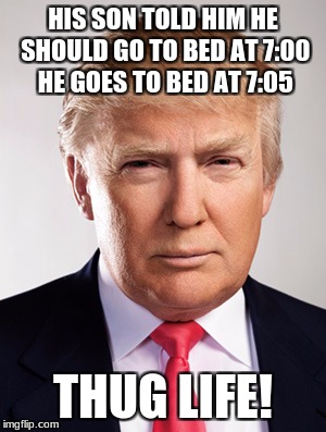 Donald Trump | HIS SON TOLD HIM HE SHOULD GO TO BED AT 7:00 HE GOES TO BED AT 7:05; THUG LIFE! | image tagged in donald trump | made w/ Imgflip meme maker