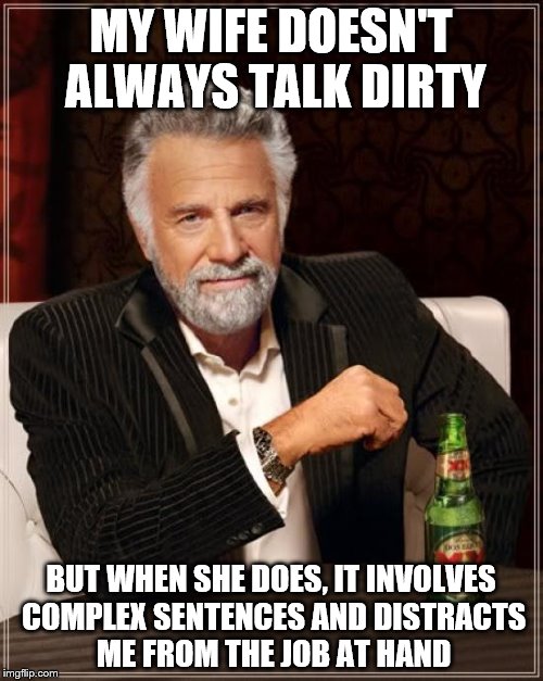 The Most Interesting Man In The World Meme | MY WIFE DOESN'T ALWAYS TALK DIRTY; BUT WHEN SHE DOES, IT INVOLVES COMPLEX SENTENCES AND DISTRACTS ME FROM THE JOB AT HAND | image tagged in memes,the most interesting man in the world | made w/ Imgflip meme maker