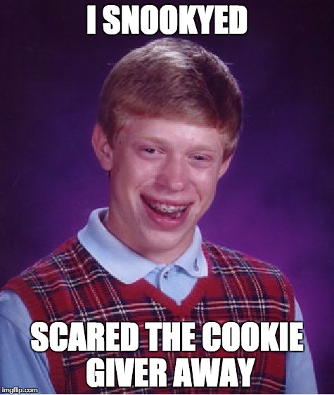 Bad Luck Brian Meme | I SNOOKYED; SCARED THE COOKIE GIVER AWAY | image tagged in memes,bad luck brian | made w/ Imgflip meme maker