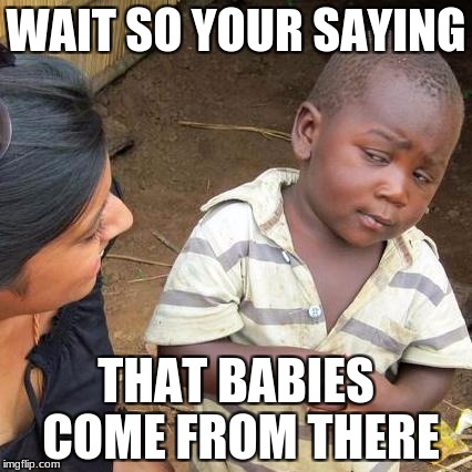 Third World Skeptical Kid Meme | WAIT SO YOUR SAYING; THAT BABIES COME FROM THERE | image tagged in memes,third world skeptical kid | made w/ Imgflip meme maker