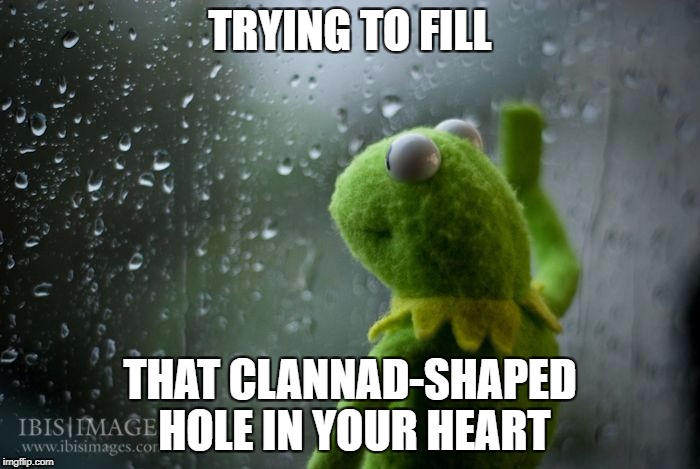 kermit window | TRYING TO FILL; THAT CLANNAD-SHAPED HOLE IN YOUR HEART | image tagged in kermit window | made w/ Imgflip meme maker
