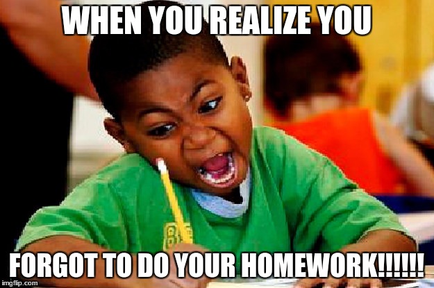 homework | WHEN YOU REALIZE YOU; FORGOT TO DO YOUR HOMEWORK!!!!!! | image tagged in homework | made w/ Imgflip meme maker