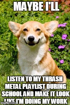 Mischievous Corgi Maybe I'll | LISTEN TO MY THRASH METAL PLAYLIST DURING SCHOOL AND MAKE IT LOOK LIKE I'M DOING MY WORK | image tagged in mischievous corgi maybe i'll,mischief,corgi,thrash metal,school,dogs | made w/ Imgflip meme maker