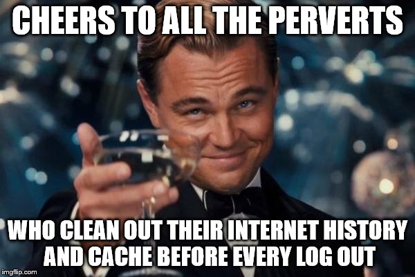 Leonardo Dicaprio Cheers Meme | CHEERS TO ALL THE PERVERTS; WHO CLEAN OUT THEIR INTERNET HISTORY AND CACHE BEFORE EVERY LOG OUT | image tagged in memes,leonardo dicaprio cheers | made w/ Imgflip meme maker
