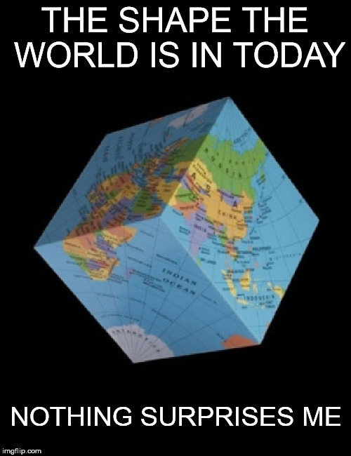 confuse a flat earther | THE SHAPE THE WORLD IS IN TODAY; NOTHING SURPRISES ME | image tagged in world | made w/ Imgflip meme maker