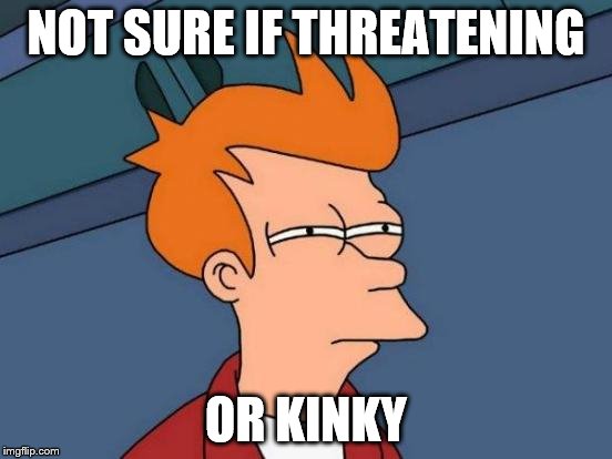 Futurama Fry Meme | NOT SURE IF THREATENING OR KINKY | image tagged in memes,futurama fry | made w/ Imgflip meme maker