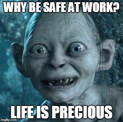 Gollum | WHY BE SAFE AT WORK? LIFE IS PRECIOUS | image tagged in memes,gollum | made w/ Imgflip meme maker