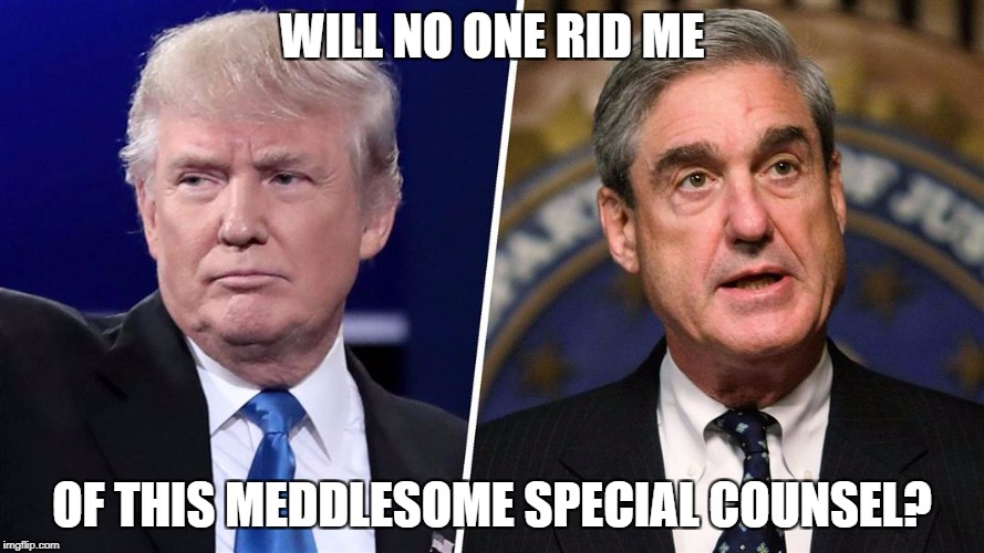 Trump Mueller | WILL NO ONE RID ME; OF THIS MEDDLESOME SPECIAL COUNSEL? | image tagged in trump mueller | made w/ Imgflip meme maker