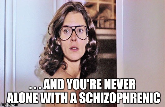 Jobeth Williams | . . . AND YOU'RE NEVER ALONE WITH A SCHIZOPHRENIC | image tagged in jobeth williams | made w/ Imgflip meme maker