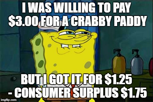 Module 7 - Meme | I WAS WILLING TO PAY $3.00 FOR A CRABBY PADDY; BUT I GOT IT FOR $1.25 - CONSUMER SURPLUS $1.75 | image tagged in memes,dont you squidward | made w/ Imgflip meme maker