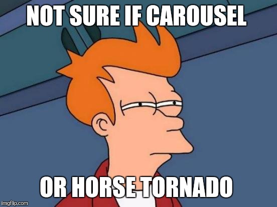Futurama Fry Meme | NOT SURE IF CAROUSEL; OR HORSE TORNADO | image tagged in memes,futurama fry | made w/ Imgflip meme maker