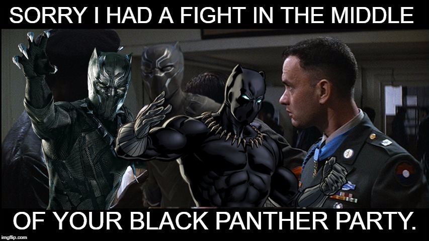 I've seen the BP movie trailer a couple of times and had to make this. | SORRY I HAD A FIGHT IN THE MIDDLE; OF YOUR BLACK PANTHER PARTY. | image tagged in gump,black panther | made w/ Imgflip meme maker