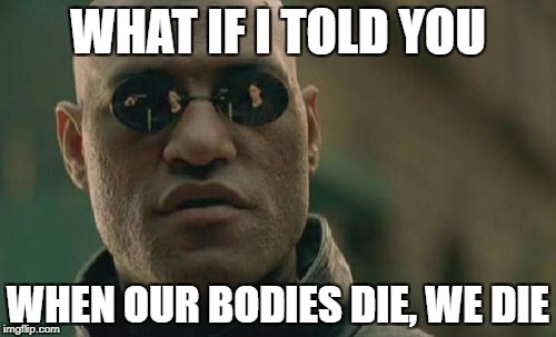 Matrix Morpheus Meme | WHAT IF I TOLD YOU; WHEN OUR BODIES DIE, WE DIE | image tagged in memes,matrix morpheus | made w/ Imgflip meme maker