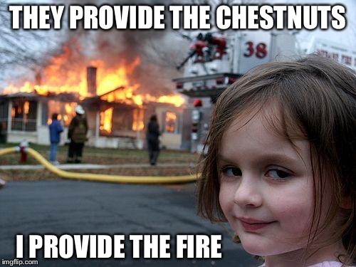 Your gonna like my nuts! | THEY PROVIDE THE CHESTNUTS; I PROVIDE THE FIRE | image tagged in christmas,merry christmas,disaster girl,memes | made w/ Imgflip meme maker