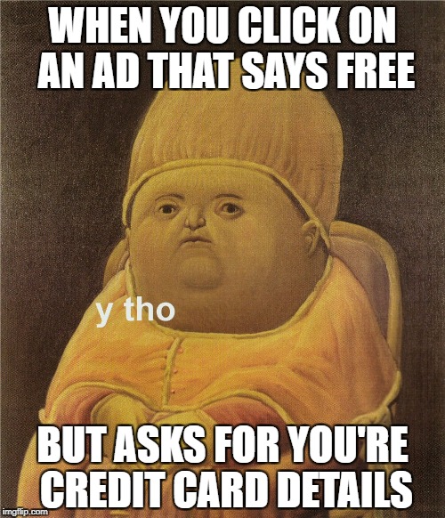 y tho | WHEN YOU CLICK ON AN AD THAT SAYS FREE; BUT ASKS FOR YOU'RE CREDIT CARD DETAILS | image tagged in y tho | made w/ Imgflip meme maker