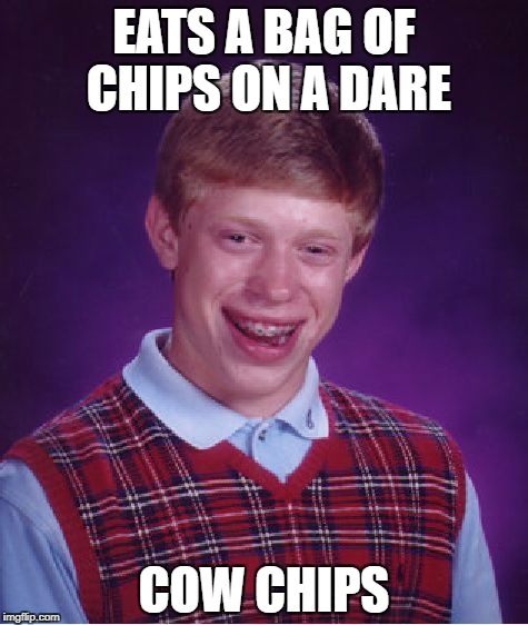 Bad Luck Brian | EATS A BAG OF CHIPS ON A DARE; COW CHIPS | image tagged in memes,bad luck brian | made w/ Imgflip meme maker