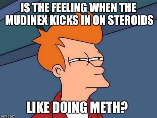 Futurama Fry Meme | IS THE FEELING WHEN THE MUDINEX KICKS IN ON STEROIDS; LIKE DOING METH? | image tagged in memes,futurama fry | made w/ Imgflip meme maker