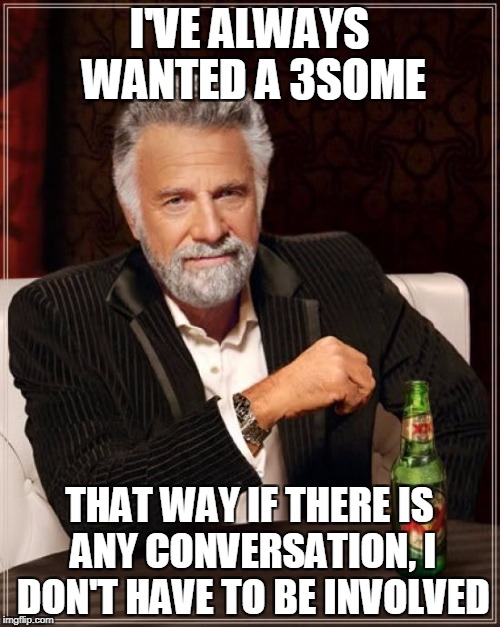 The Most Interesting Man In The World Meme | I'VE ALWAYS WANTED A 3SOME; THAT WAY IF THERE IS ANY CONVERSATION, I DON'T HAVE TO BE INVOLVED | image tagged in memes,the most interesting man in the world | made w/ Imgflip meme maker