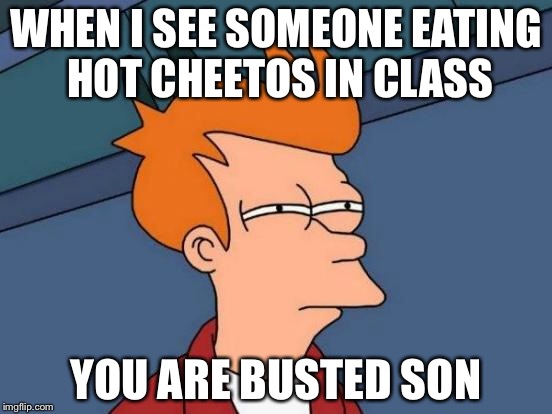 Futurama Fry | WHEN I SEE SOMEONE EATING HOT CHEETOS IN CLASS; YOU ARE BUSTED SON | image tagged in memes,futurama fry | made w/ Imgflip meme maker