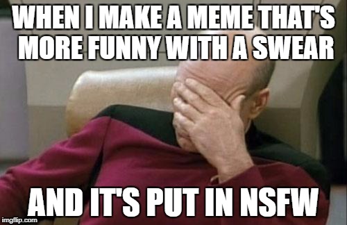 Captain Picard Facepalm Meme | WHEN I MAKE A MEME THAT'S MORE FUNNY WITH A SWEAR; AND IT'S PUT IN NSFW | image tagged in memes,captain picard facepalm | made w/ Imgflip meme maker