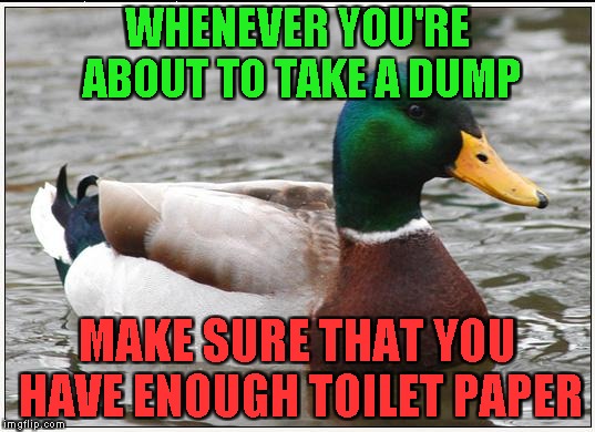 I've learned my lesson the hard way | WHENEVER YOU'RE ABOUT TO TAKE A DUMP; MAKE SURE THAT YOU HAVE ENOUGH TOILET PAPER | image tagged in memes,actual advice mallard,dump,toilet paper,powermetalhead,life lessons | made w/ Imgflip meme maker