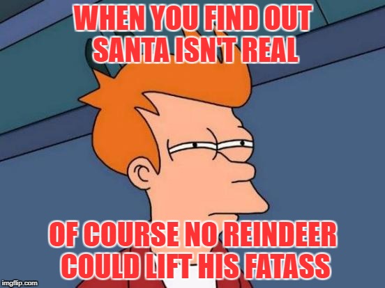 Logic | WHEN YOU FIND OUT SANTA ISN'T REAL; OF COURSE NO REINDEER COULD LIFT HIS FATASS | image tagged in memes,futurama fry | made w/ Imgflip meme maker