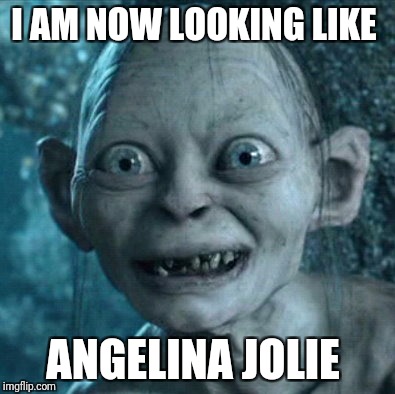 Gollum Meme | I AM NOW LOOKING LIKE; ANGELINA JOLIE | image tagged in memes,gollum | made w/ Imgflip meme maker