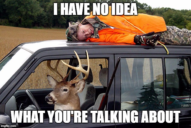 Deer hunting humans | I HAVE NO IDEA WHAT YOU'RE TALKING ABOUT | image tagged in deer hunting humans | made w/ Imgflip meme maker