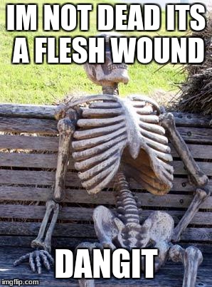 Waiting Skeleton | IM NOT DEAD ITS A FLESH WOUND; DANGIT | image tagged in memes,waiting skeleton | made w/ Imgflip meme maker
