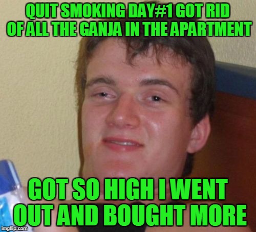 10 Guy Meme | QUIT SMOKING DAY#1 GOT RID OF ALL THE GANJA IN THE APARTMENT GOT SO HIGH I WENT OUT AND BOUGHT MORE | image tagged in memes,10 guy | made w/ Imgflip meme maker