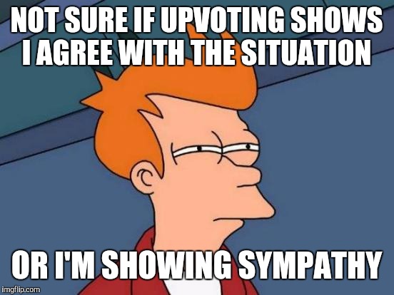 Futurama Fry Meme | NOT SURE IF UPVOTING SHOWS I AGREE WITH THE SITUATION OR I'M SHOWING SYMPATHY | image tagged in memes,futurama fry | made w/ Imgflip meme maker