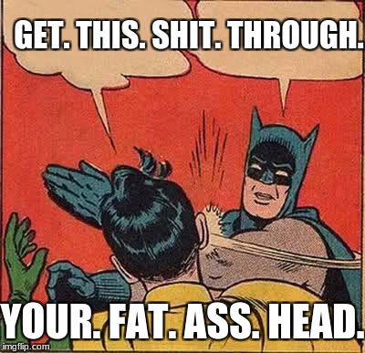 Batman Slapping Robin | GET. THIS. SHIT. THROUGH. YOUR. FAT. ASS. HEAD. | image tagged in memes,batman slapping robin | made w/ Imgflip meme maker