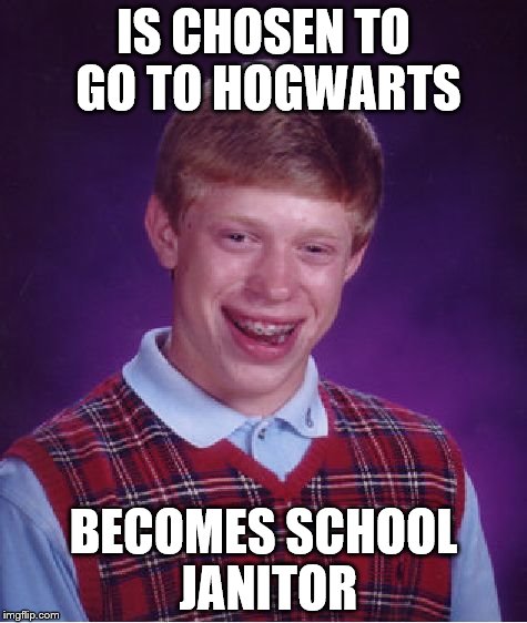 Howarts Brian | IS CHOSEN TO GO TO HOGWARTS; BECOMES SCHOOL JANITOR | image tagged in memes,bad luck brian,harry potter,hogwarts | made w/ Imgflip meme maker