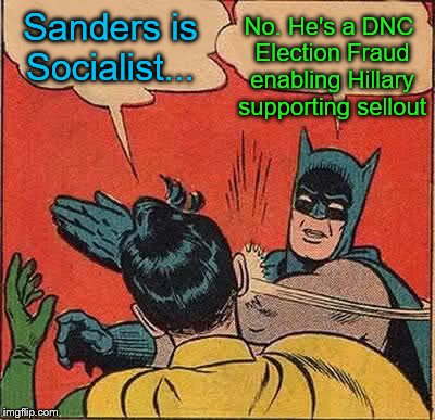 According to his voting history, Sanders is a War-mongering Capitalist | Sanders is Socialist... No. He's a DNC Election Fraud enabling Hillary supporting sellout | image tagged in memes,batman slapping robin,bernie sanders,socialism | made w/ Imgflip meme maker