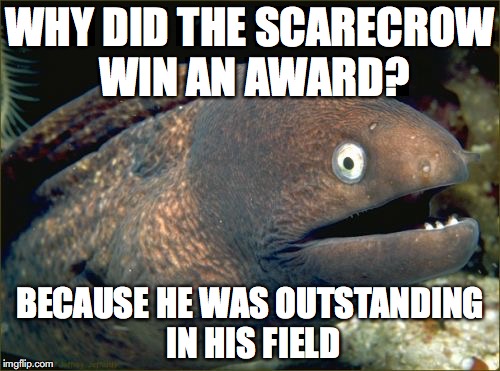 Bad Joke Eel | WHY DID THE SCARECROW WIN AN AWARD? BECAUSE HE WAS OUTSTANDING IN HIS FIELD | image tagged in memes,bad joke eel | made w/ Imgflip meme maker