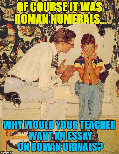 Some people need to speak more clearly... :) | OF COURSE IT WAS ROMAN NUMERALS... WHY WOULD YOUR TEACHER WANT AN ESSAY ON ROMAN URINALS? | image tagged in memes,the probelm is,the problem is,roman numerals,school,homework | made w/ Imgflip meme maker