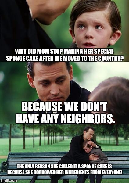 Finding Neverland Meme | WHY DID MOM STOP MAKING HER SPECIAL SPONGE CAKE AFTER WE MOVED TO THE COUNTRY? BECAUSE WE DON'T HAVE ANY NEIGHBORS. THE ONLY REASON SHE CALLED IT A SPONGE CAKE IS BECAUSE SHE BORROWED HER INGREDIENTS FROM EVERYONE! | image tagged in memes,finding neverland | made w/ Imgflip meme maker