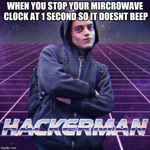 Hackerman | WHEN YOU STOP YOUR MIRCROWAVE CLOCK AT 1 SECOND SO IT DOESNT BEEP | image tagged in hackerman,russia,memes,spesheled167 | made w/ Imgflip meme maker