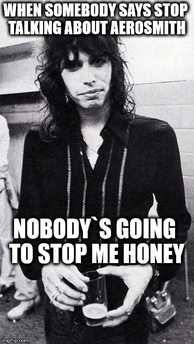 WHEN SOMEBODY SAYS STOP TALKING ABOUT AEROSMITH; NOBODY`S GOING TO STOP ME HONEY | made w/ Imgflip meme maker