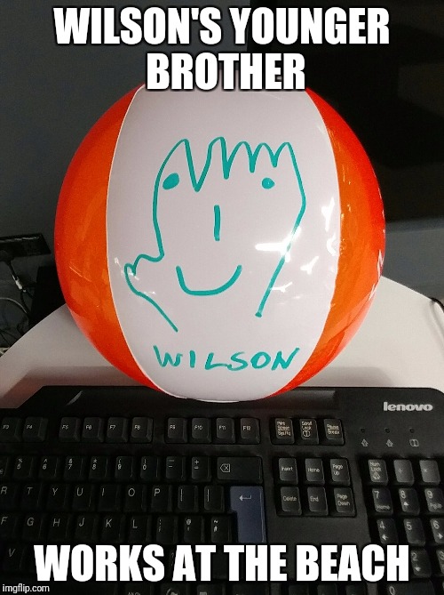 Wilson's younger brother | WILSON'S YOUNGER BROTHER; WORKS AT THE BEACH | image tagged in wilson's younger brother,wilson,castaway | made w/ Imgflip meme maker