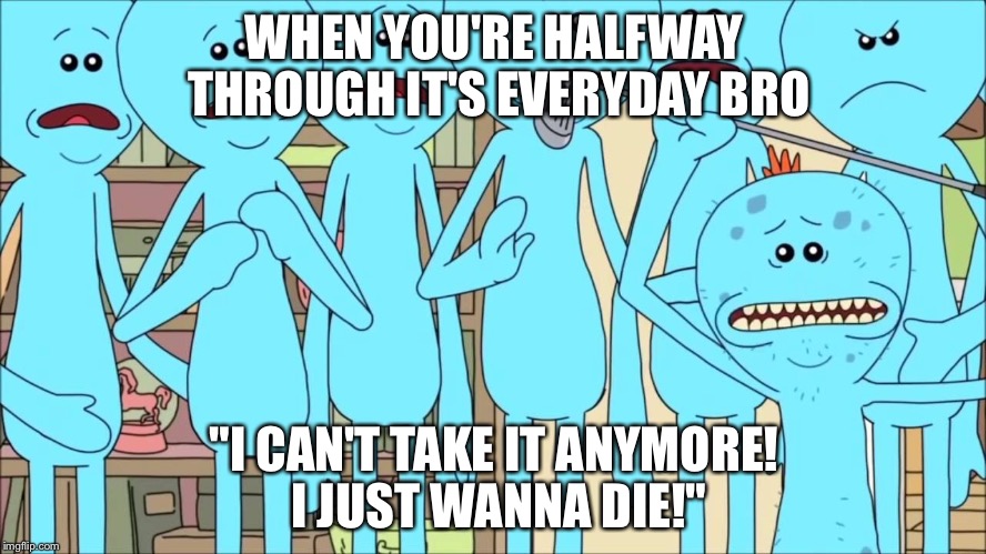 Existence is pain. So is Jake Paul. | WHEN YOU'RE HALFWAY THROUGH IT'S EVERYDAY BRO; "I CAN'T TAKE IT ANYMORE! I JUST WANNA DIE!" | image tagged in memes | made w/ Imgflip meme maker