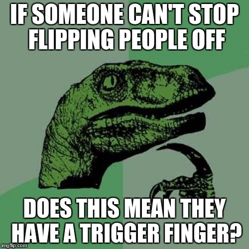 Philosoraptor Meme | IF SOMEONE CAN'T STOP FLIPPING PEOPLE OFF; DOES THIS MEAN THEY HAVE A TRIGGER FINGER? | image tagged in memes,philosoraptor,middle finger | made w/ Imgflip meme maker
