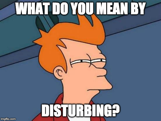 Futurama Fry Meme | WHAT DO YOU MEAN BY DISTURBING? | image tagged in memes,futurama fry | made w/ Imgflip meme maker