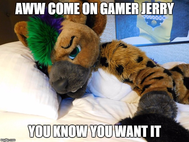 Gamer Jerry knows he wants its! | AWW COME ON GAMER JERRY; YOU KNOW YOU WANT IT | image tagged in noshyena,jerry,gamerjerry,furry | made w/ Imgflip meme maker