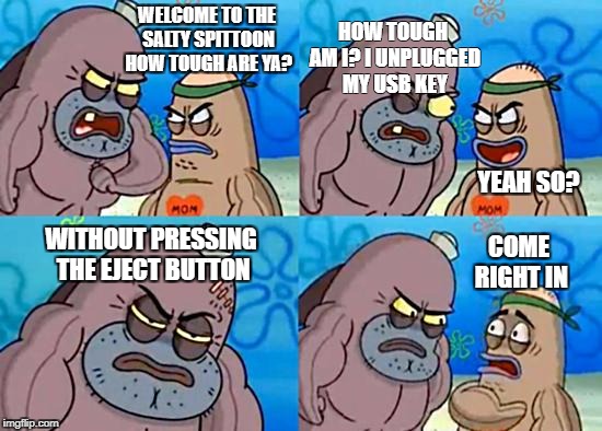 Welcome to the Salty Spitoon | HOW TOUGH AM I? I UNPLUGGED MY USB KEY; WELCOME TO THE SALTY SPITTOON HOW TOUGH ARE YA? YEAH SO? WITHOUT PRESSING THE EJECT BUTTON; COME RIGHT IN | image tagged in welcome to the salty spitoon | made w/ Imgflip meme maker