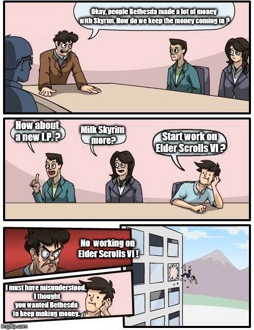 Bethesda Boardroom Meeting | Okay, people Bethesda made a lot of money with Skyrim. How do we keep the money coming in ? How about a new I.P. ? Milk Skyrim more? Start work on Elder Scrolls VI ? No  working on Elder Scrolls VI ! I must have misunderstood.  I thought you wanted Bethesda to keep making money. | image tagged in memes,boardroom meeting suggestion | made w/ Imgflip meme maker